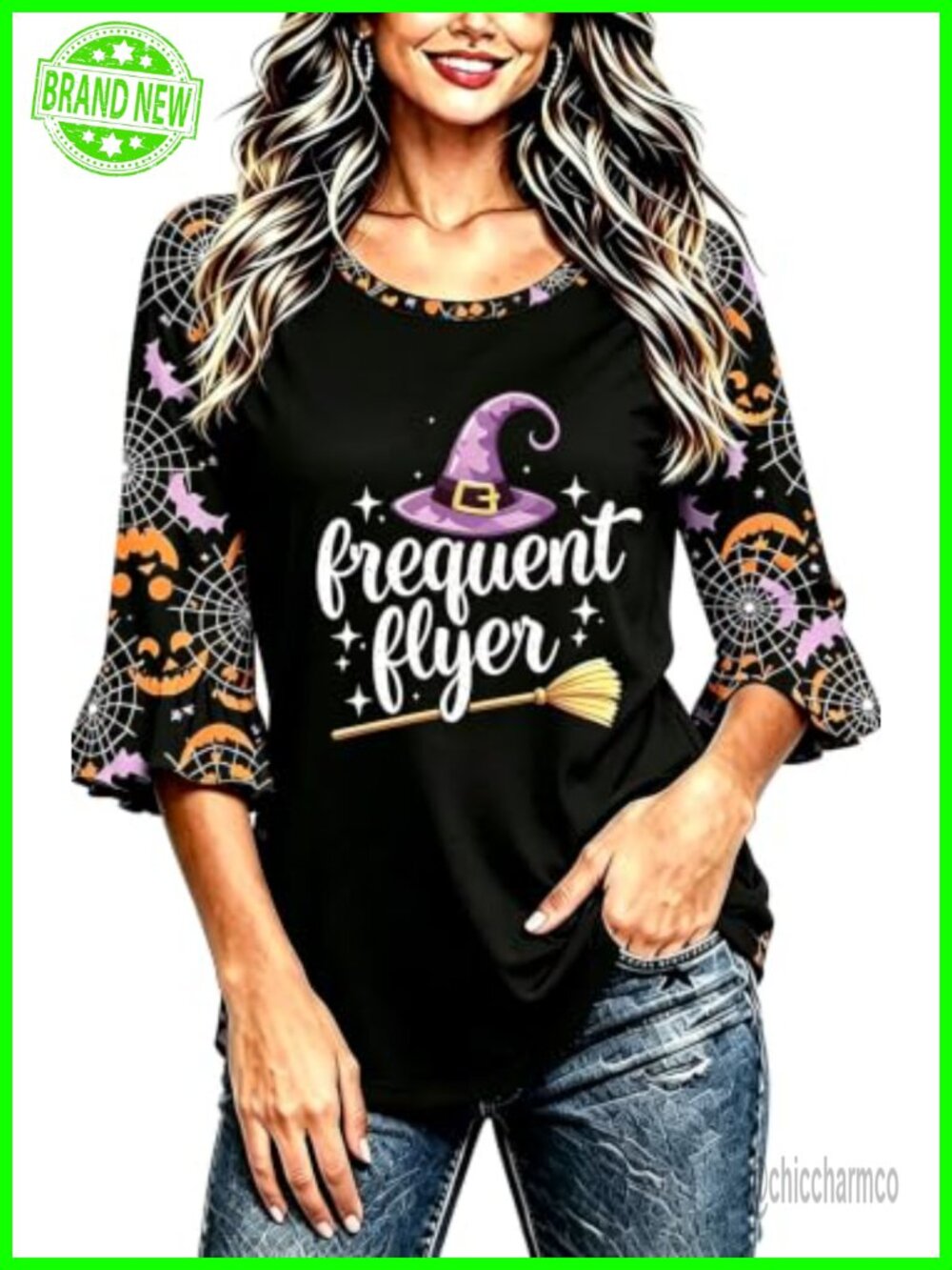 Roshop Womens 3/4 Ruffle Sleeve Halloween T-Shirt Polyester Loose Fit Fall